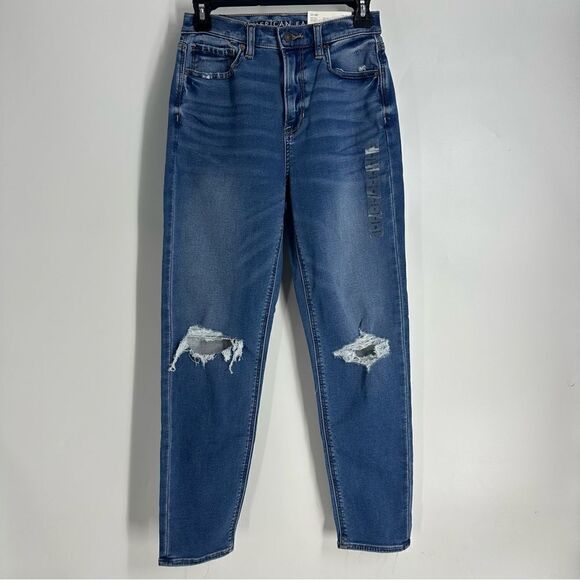 AMERICAN EAGLE Mom Blue Distressed Jeans sz 26 R NWT - Picture 2 of 9